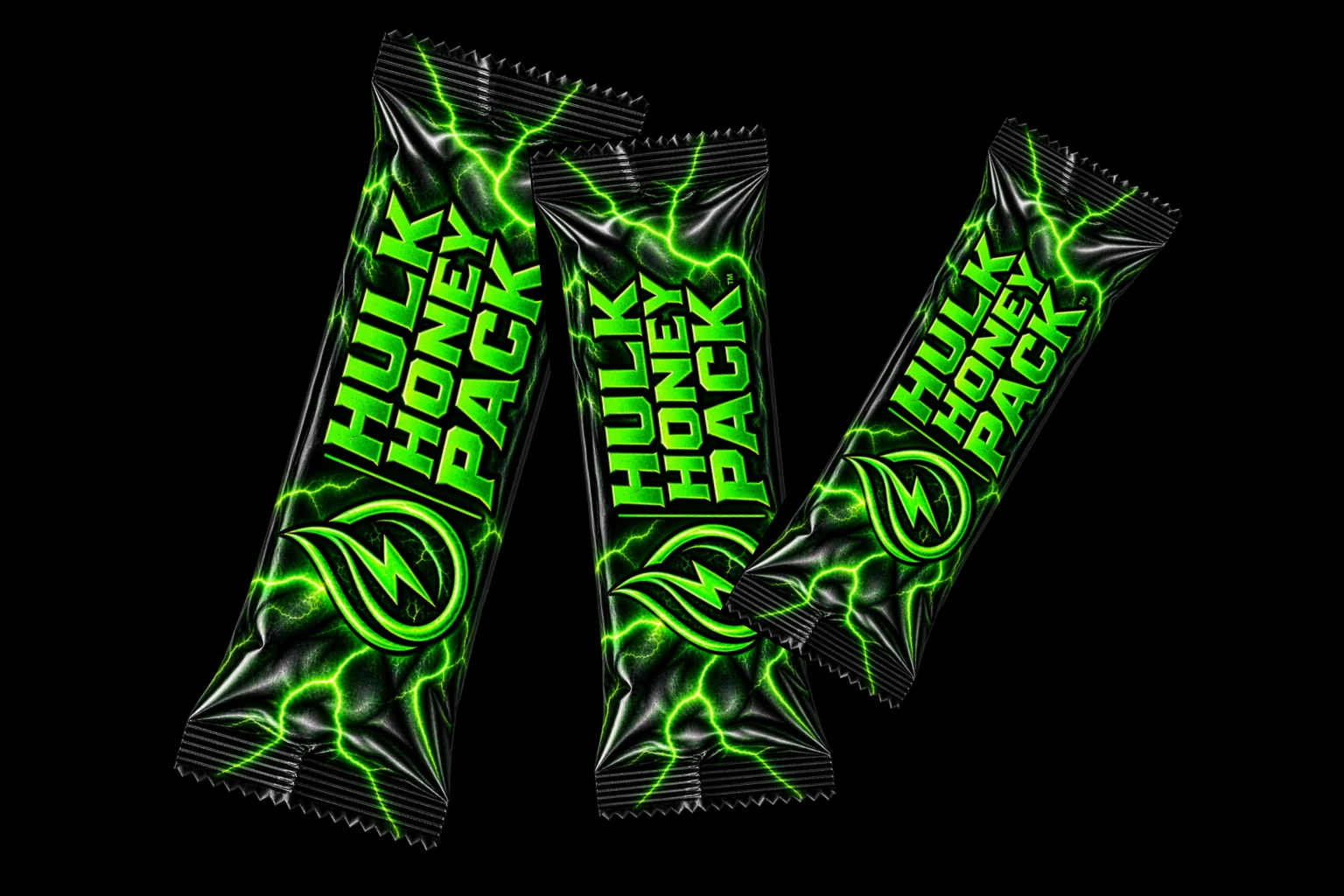 Drie HulkHoneyPack-sachets met groene bliksem op zwart