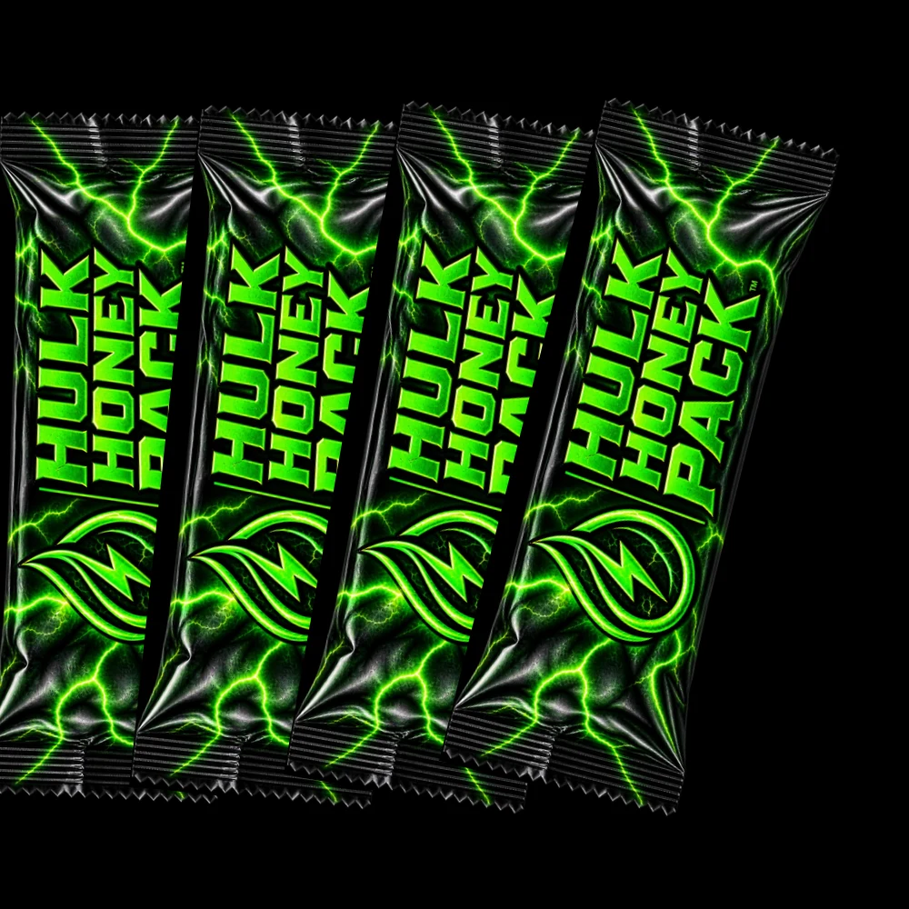 Vier HulkHoneyPack-sachets naast elkaar